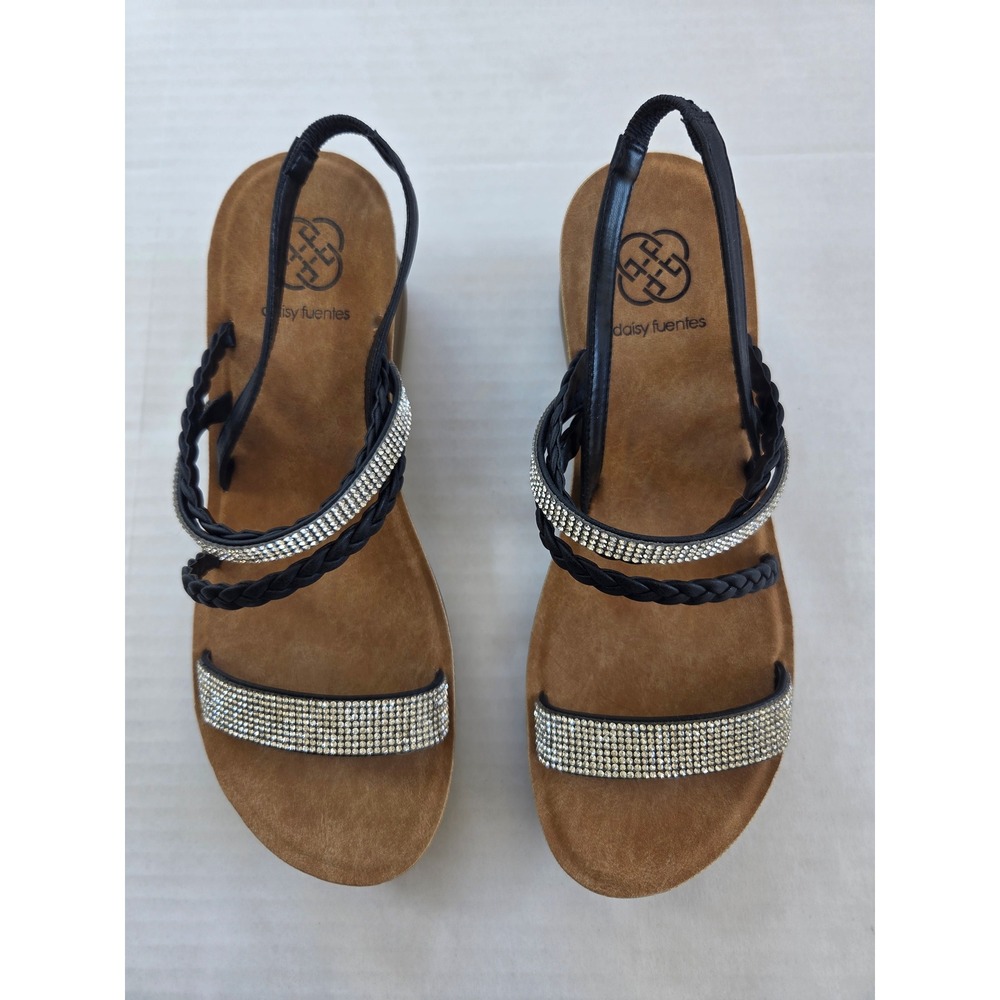 Daisy Fuentes Drake Wedge Sandals Womens 8.5M Black Rhinestone Braided Straps